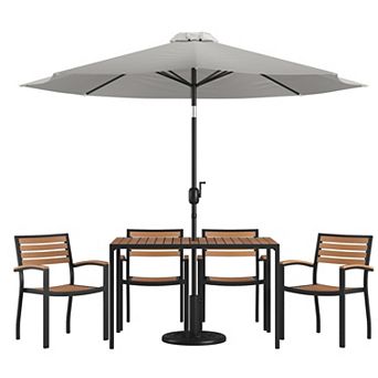 Merrick Lane Chara 7 pc Dining Set with Umbrella & Base - Steel Framed Table & 4 Club Chairs