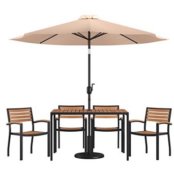 Merrick Lane Chara 7 pc Dining Set with Umbrella & Base - Steel Framed Table & 4 Club Chairs