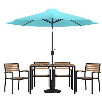 Merrick Lane Chara 7 pc Dining Set with Umbrella & Base - Steel Framed Table & 4 Club Chairs