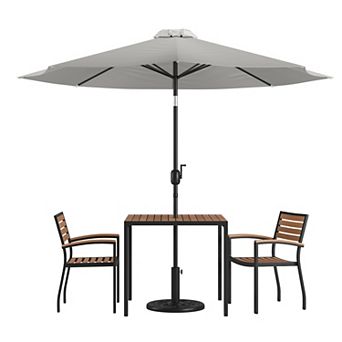 Merrick Lane Hampstead 5 pc Faux Teak Patio Dining Set - Table, 2 Chairs, 9' Umbrella and Base