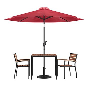 Merrick Lane Hampstead 5 pc Faux Teak Patio Dining Set - Table, 2 Chairs, 9' Umbrella and Base