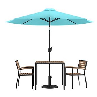 Merrick Lane Hampstead 5 pc Faux Teak Patio Dining Set - Table, 2 Chairs, 9' Umbrella and Base