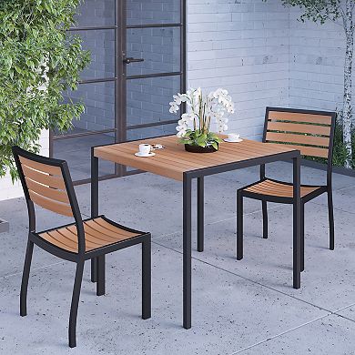 Merrick Lane Forrest Three Piece Faux Teak Patio Dining Set for Indoor and Outdoor Use