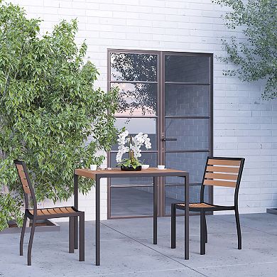Merrick Lane Forrest Three Piece Faux Teak Patio Dining Set for Indoor and Outdoor Use