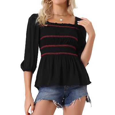 Smocked Tops For Women's 3/4 Sleeve Ruffle Square Neck Peplum