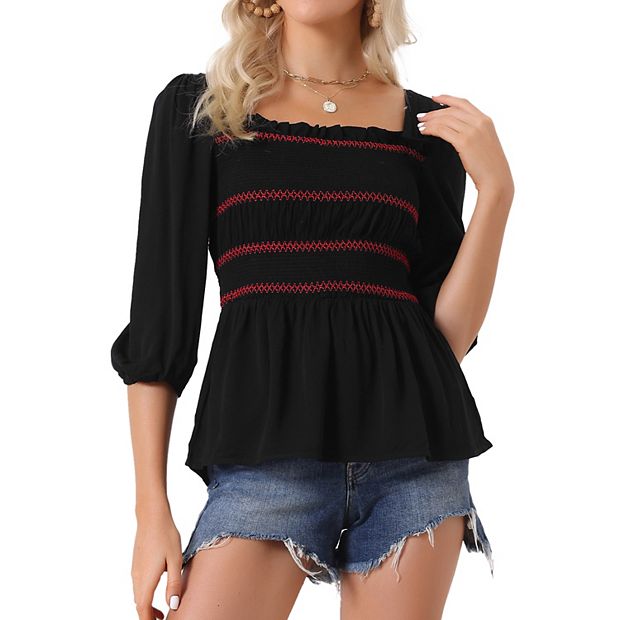 トップス muguet sheer check peplum frill blouse Smocked Tops For Women's 3/4 Sleeve Ruffle Square Neck