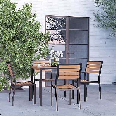 Merrick Lane Forrest Seven Piece Faux Teak Patio Dining Set with Table and Four Chairs