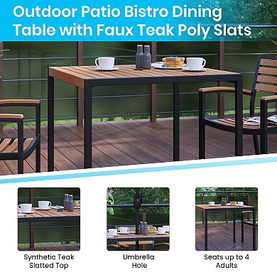 Merrick Lane Forrest Five Piece Faux Teak Patio Dining Set - Table, Two Chairs, 9' Umbrella and Base
