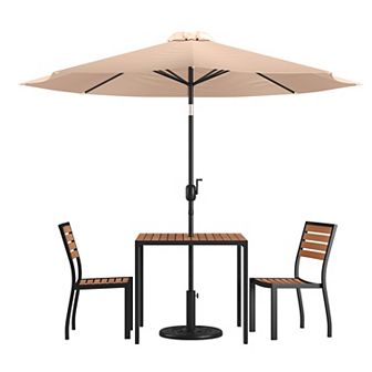Merrick Lane Forrest Five Piece Faux Teak Patio Dining Set - Table, Two Chairs, 9' Umbrella and Base
