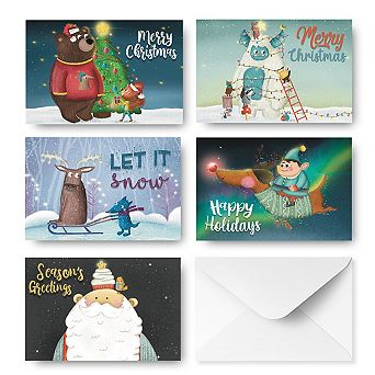 Christmas Cards Assortment, 50-pack, Gold Foil Holiday Greeting Card Set With Envelopes