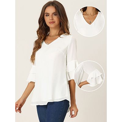 Casual V Neck Tops For Women s Ruffle Tiered Bell Sleeve Loose Tunic Blouses