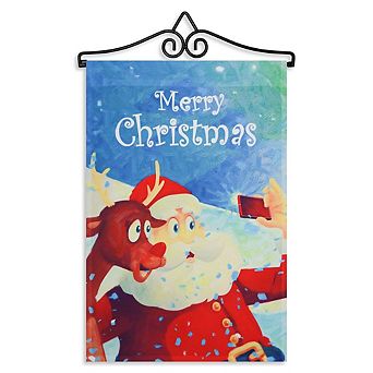 G128 Combo: Garden Flag Hanger And Garden Flag Merry Christmas Santa With Reindeer Selfie 12"x18"