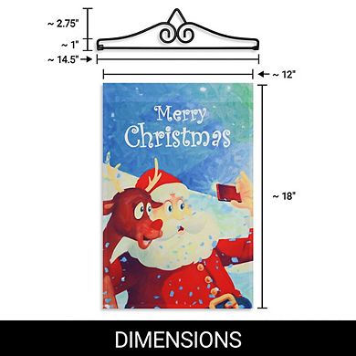 G128 Combo: Garden Flag Hanger And Garden Flag Merry Christmas Santa With Reindeer Selfie 12"x18"