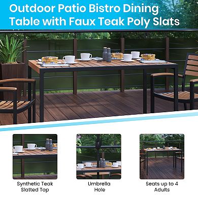 Merrick Lane Calle 7 Piece Faux Teak Outdoor Patio Set - Table, 4 Chairs and Umbrella with Base