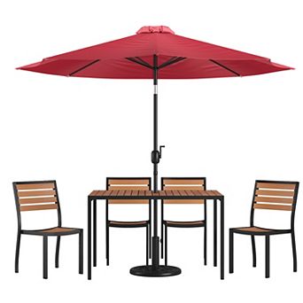 Merrick Lane Calle 7 pc Faux Teak Outdoor Patio Set - Table, 4 Chairs and Umbrella with Base