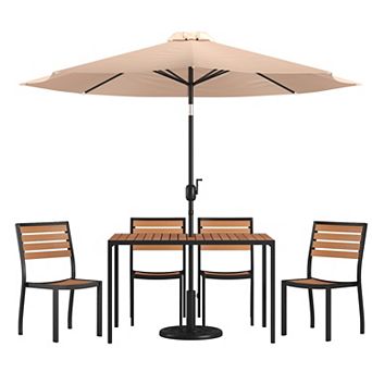 Merrick Lane Calle 7 pc Faux Teak Outdoor Patio Set - Table, 4 Chairs and Umbrella with Base