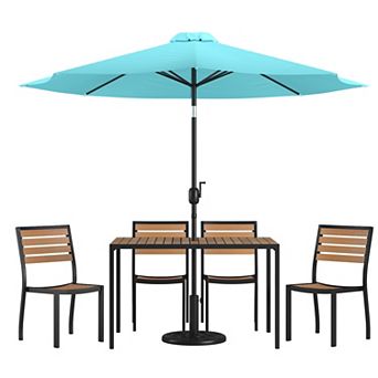 Merrick Lane Calle 7 pc Faux Teak Outdoor Patio Set - Table, 4 Chairs and Umbrella with Base