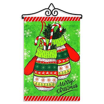 G128 Combo Set: Garden Flag Hanger And Garden Flag Merry Christmas Mittens 12"x18"