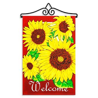 G128 Combo Set: Garden Flag Hanger And Garden Flag Welcome 4 Sunflowers Red Background 12"x18"