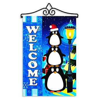 G128 Combo Set: Garden Flag Hanger And Garden Flag Welcome 3 Penguins 12"x18"