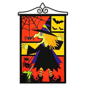 G128 Combo Set: Garden Flag Hanger And Garden Flag Witch Bats Spiders Black Border 12"x18"