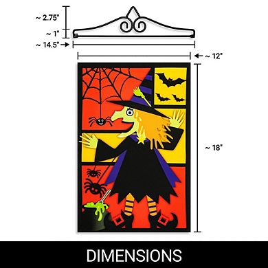 G128 Combo Set: Garden Flag Hanger And Garden Flag Witch Bats Spiders Black Border 12"x18"