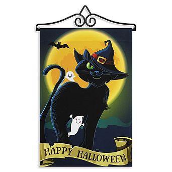 G128 Combo Set: Garden Flag Hanger And Garden Flag Happy Halloween Black Cat Moon 12"x18"