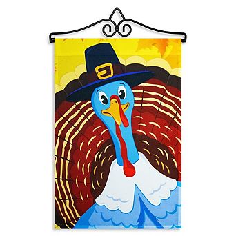 G128 Combo Set: Garden Flag Hanger And Garden Flag Pilgrim Turkey Yellow Background 12"x18"