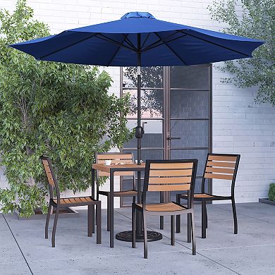 Merrick Lane Forrest 7 Piece Faux Teak Patio Dining Set - Table, 4 Chairs and 9' Umbrella & Base