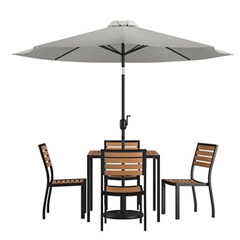 Merrick Lane Forrest 7 pc Faux Teak Patio Dining Set - Table, 4 Chairs and 9' Umbrella & Base