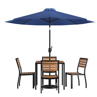 Merrick Lane Forrest 7 pc Faux Teak Patio Dining Set - Table, 4 Chairs and 9' Umbrella & Base