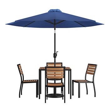 Merrick Lane Forrest 7 pc Faux Teak Patio Dining Set - Table, 4 Chairs and 9' Umbrella & Base