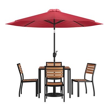 Merrick Lane Forrest 7 pc Faux Teak Patio Dining Set - Table, 4 Chairs and 9' Umbrella & Base