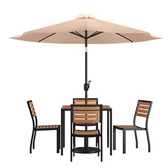 Merrick Lane Forrest 7 pc Faux Teak Patio Dining Set - Table, 4 Chairs and 9' Umbrella & Base