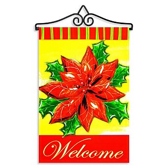 G128 Combo Set: Garden Flag Hanger And Garden Flag Welcome Red Poinsettia 12"x18"