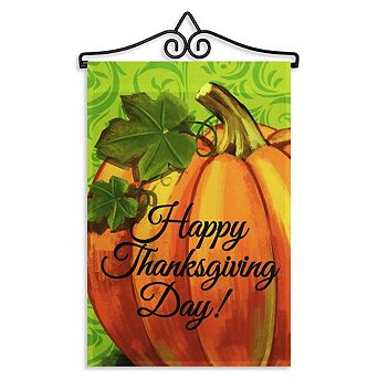 G128 Combo Set: Garden Flag Hanger And Garden Flag Happy Thanksgiving Pumpkin Green Bg 12"x18"