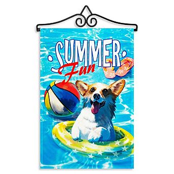 G128 Combo Set: Garden Flag Hanger And Garden Flag Summer Fun With Dog In Pool 12"x18"