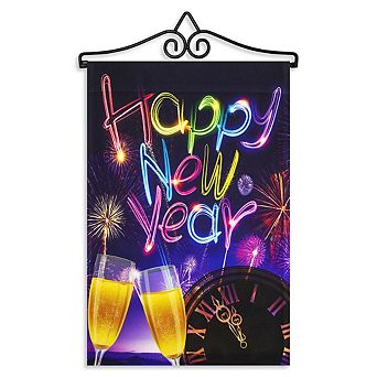 G128 Combo Set: Garden Flag Hanger And Garden Flag Happy New Year Fireworks And Champagne 12"x18"