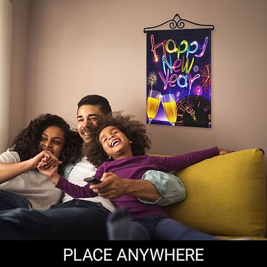 G128 Combo Set: Garden Flag Hanger And Garden Flag Happy New Year Fireworks And Champagne 12"x18"