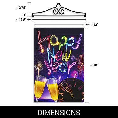 G128 Combo Set: Garden Flag Hanger And Garden Flag Happy New Year Fireworks And Champagne 12"x18"