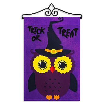 G128 Combo Set: Garden Flag Hanger And Garden Flag Trick Or Treat Owl Purple Bg 12"x18"