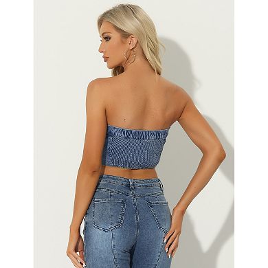 Denim Crop Tube Top For Women's Strapless Sleeveless Button Corset Top