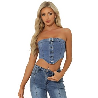 Denim Crop Tube Top For Women's Strapless Sleeveless Button Corset Top