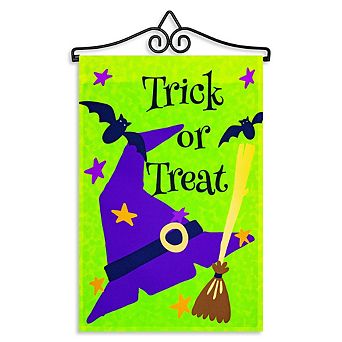 G128 Combo Set: Garden Flag Hanger And Garden Flag Trick Or Treat Purple Witch Hat Green Bg 12"x18"