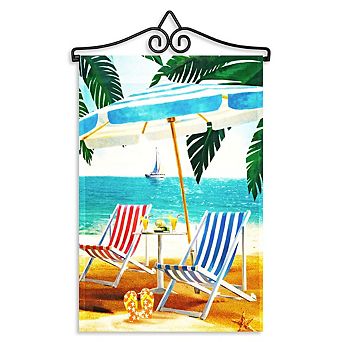 G128 Combo Set: Garden Flag Hanger And Garden Flag Beach Summer With Chairs Umbrella 12"x18"