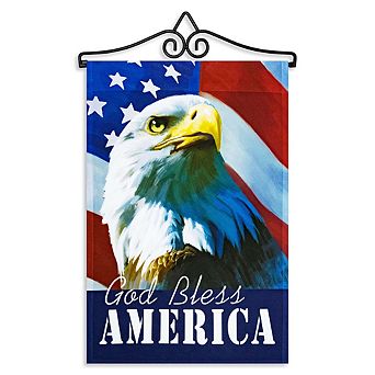 G128 Combo Set: Garden Flag Hanger And Garden Flag God Bless America Flag With Eagle 12"x18"