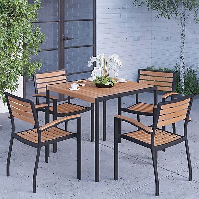 Merrick Lane Hampstead Five Piece Faux Teak Patio Dining Set with Table and Four Chairs