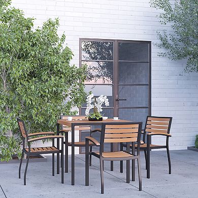 Merrick Lane Hampstead Five Piece Faux Teak Patio Dining Set with Table and Four Chairs