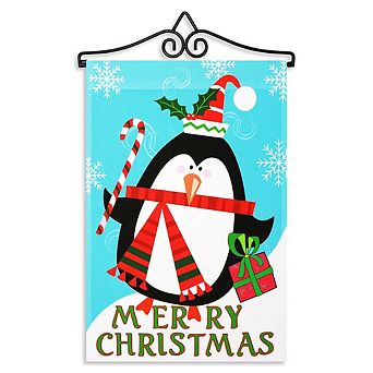 G128 Combo Set: Garden Flag Hanger And Garden Flag Merry Christmas Penguin With Candy Cane 12"x18"