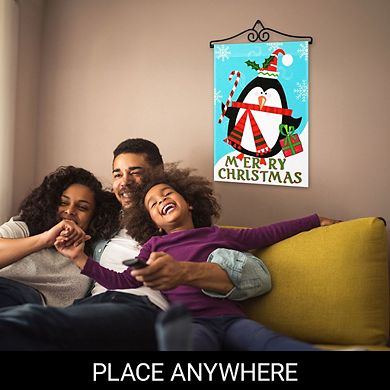 G128 Combo Set: Garden Flag Hanger And Garden Flag Merry Christmas Penguin With Candy Cane 12"x18"